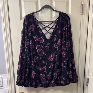 Torrid Black and Pink Bell Sleeve Blouse with Backless Design